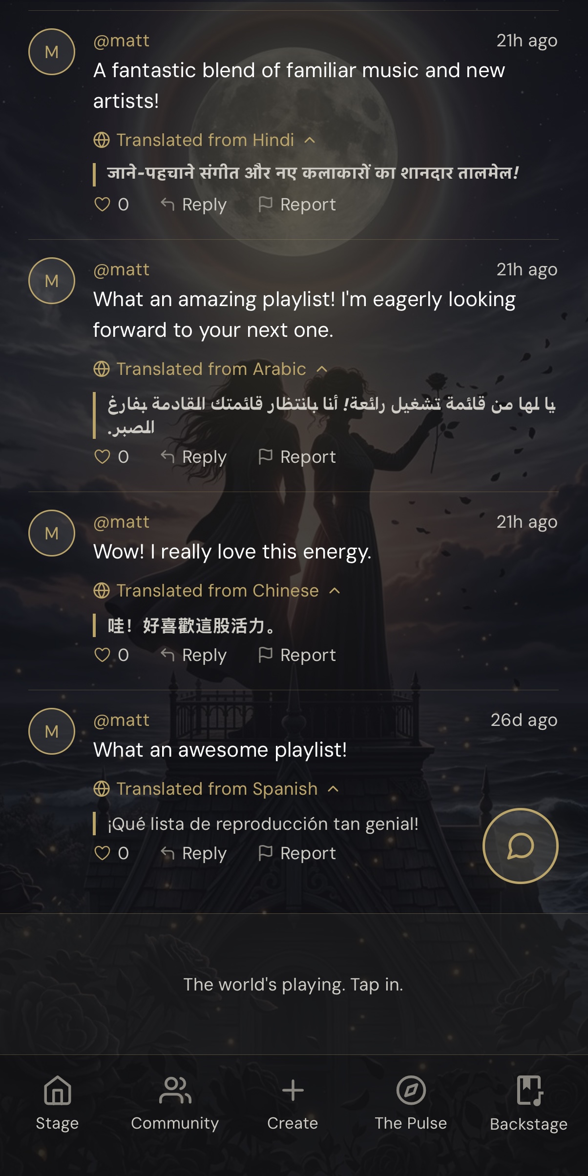 Real Retaz members commenting on playlists, each comment shown automatically translated into the reader's own language